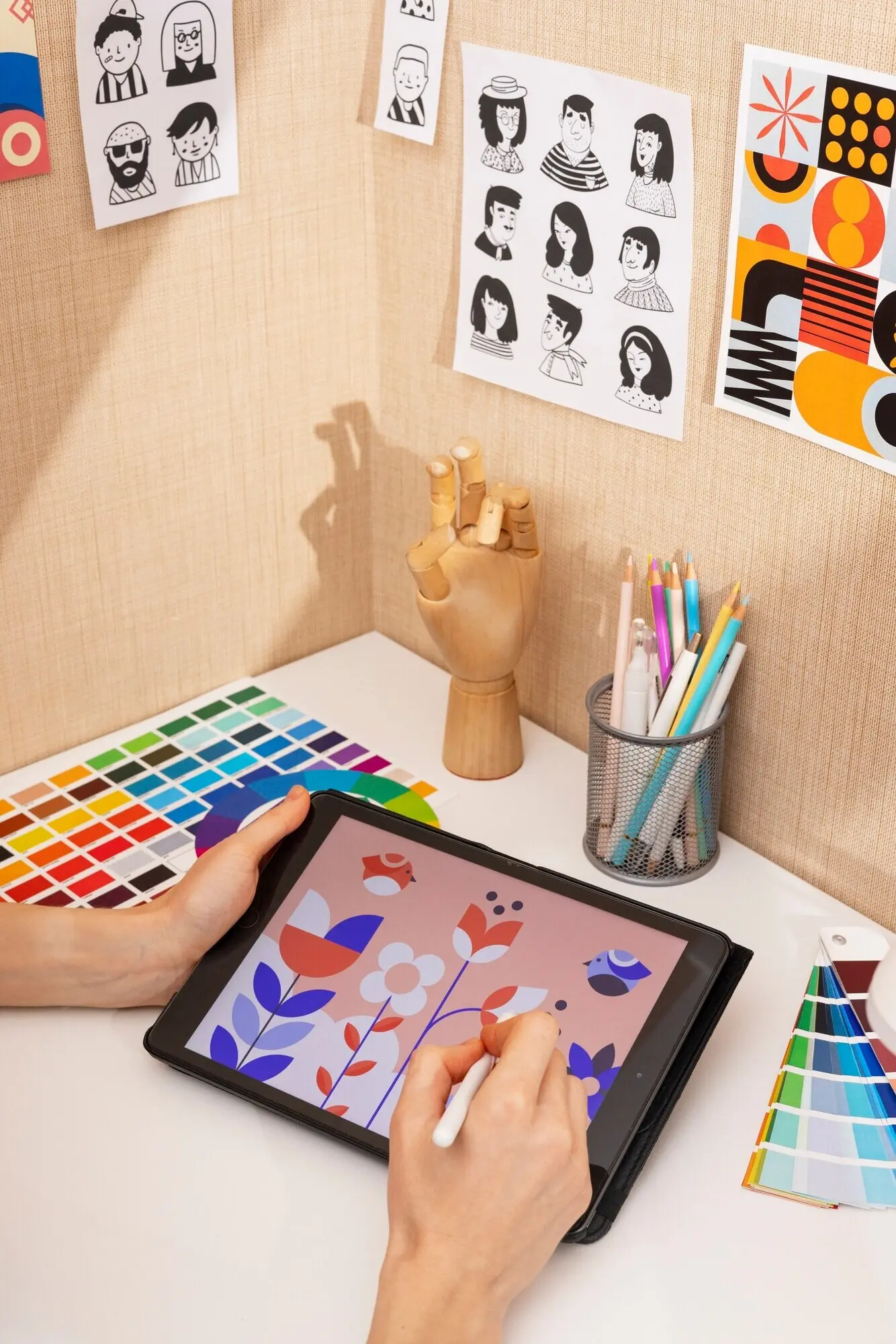 Still-life depiction of a graphic design studio